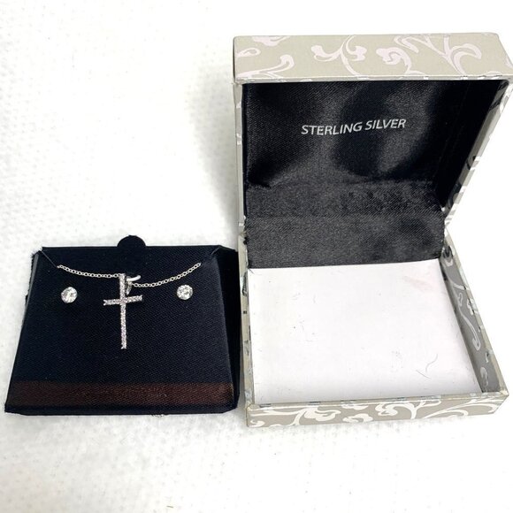 Sterling Silver Pave Crystal Crucifix & Stud Earring Set New In Box - Picture 3 of 11